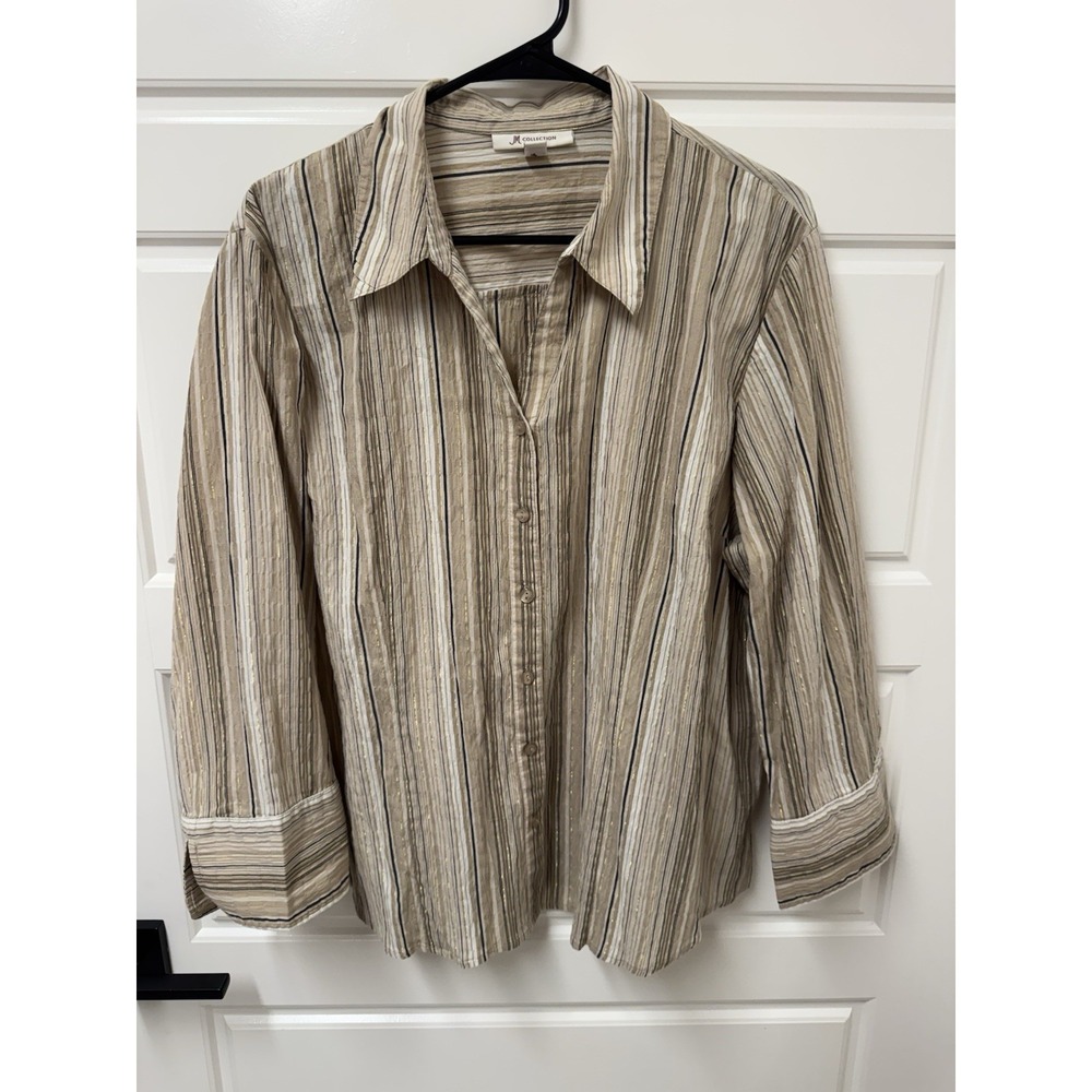 JM Collection Women Sz 18 Button Front 3/4 Sleeve Vertical Stripe Gold Blouse
